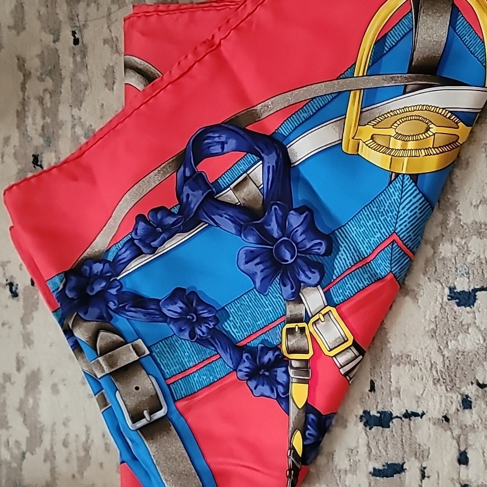 Hermes Red & Blue Silk Scarf with Gold Accents - Picture 3 of 6